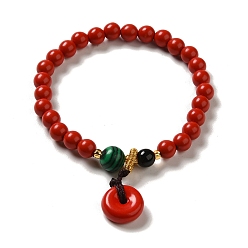 Ring 6mm Round Cinnabar Mala Stretch Bracelets, with Synthetic Malachite and Natural Agate, Ring, Inner Diameter: 2 inch(4.95~5.1cm)