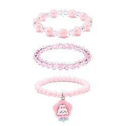 Pink 3шт. 3 стильные браслеты из акриловых бусин с эластичными подвесками в виде кроликов из смолы для детей, розовые, внутренний диаметр: 1-3/4 дюйм (4.6 см), 1 шт / стиль