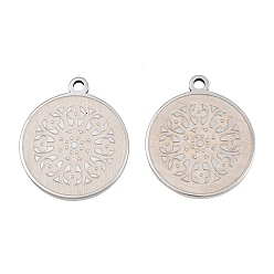 Stainless Steel Color 304 Stainless Steel Pendants, Flat Round with Flower Pattern Charms, Stainless Steel Color, 25x21.5x2mm, Hole: 2mm
