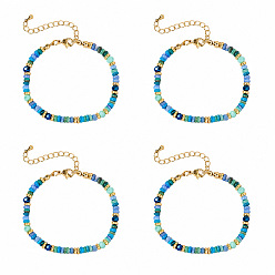 Blue Bohemian Dyed Natural Shell Heishi Beaded Bracelet Sets, Adjustable Stackable Bracelets with Brass End Chains and Glass Beads, Golden, Blue, 6.50 inch(16.5cm)~6.69 inch(17cm), 4pcs/set