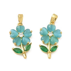 Dark Turquoise Brass Micro Pave Cubic Zirconia Pendants, with Resin, Flower Charms, Real 18K Gold Plated, Dark Turquoise, 22x12.5x4mm, Hole: 4.5x2.5mm