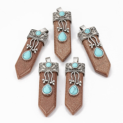 Камень с Пылевым Золотом Синтетические голдстоуновские подвески, со сплавочной фурнитурой, меч, античное серебро, 49~55x16x10~11 мм, отверстие : 6.5x3 мм