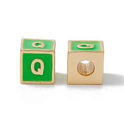Letter Q Стойки покрытие латунь эмаль бисер, без кадмия, без никеля и без свинца, реальный 18 k позолоченный, куб с письмом, зеленый лайм, letter.q, 6x6x6 мм, отверстие : 2.5 мм