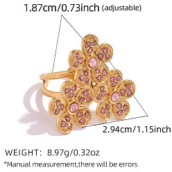 Pink 304 Открытые кольца-манжеты из нержавеющей стали с микропаве из кубического циркония, золотые, цветок, розовые, размер США 8 3/4 (18.7 мм)