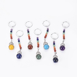 Mixed Stone Chakra Jewelry, Mixed Gemstone Keychain, with Iron Findings and Brass Finding, Owl, Platinum, 115mm, Pendant: 30x18x16mm