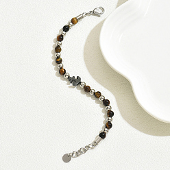 Anchor & Helm Браслеты из бусин из натурального тигрового глаза и немагнитного синтетического гематита для повседневной носки и вечеринок, с шарики из нержавеющей стали, якорь и штурвал, 7-1/4 дюйм (18.5 см)