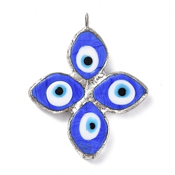 Royal Blue Handmade Lampwork Big Pendants, with Eco-friendly Platinum Tone Tin Findings, Cadmium Free & Lead Free, 4-Petal Flower with Evil Eye Charm, Royal Blue, 52x45x5mm, Hole: 4.5mm
