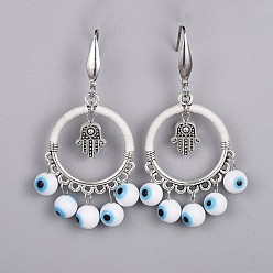 Белый Бусины из лампочек мотаются серьгами, с бусинами сплава, 316 хирургические крючки для серег из нержавеющей стали и нейлоновая нить, хамса руки и сглаз, белые, 66 мм , штифт: 0.74 мм