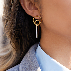 Real Gold Plated & Stainless Steel Color 304 Stainless Steel Stud Dangle Earrings for Women, Oval, Real Gold Plated & Stainless Steel Color, 50.8x10.1mm