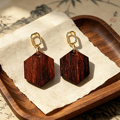 Hexagon Wood & Alloy Stud Earrings for Women, Golden, Hexagon, 36x19mm