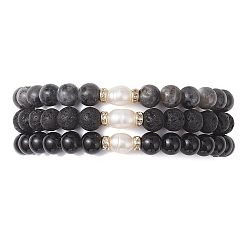 Смешанные камни 3Шт. Женские браслеты из круглых бусин натурального ларвикита, лавового камня и обсидиана, с натуральным культивированным пресноводным жемчугом, внутренний диаметр: 2.05~2.13 дюйм (5.2~5.4 см)