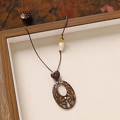 Oval Овальные, плоские, круглые подвески в виде цветка из кокосовой скорлупы и дерева для женщин., кокосового коричневый, овальные, 31.50 дюйм (80 см), Кулон : 55x35 мм