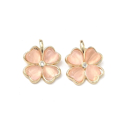 Pink Латунные микро проложить кубического циркония подвески, с кошачий глаз, клевер амулеты, долговечный, стойки покрытие, золотой свет, розовые, 15x13x5 мм, отверстие : 4x1.8 мм
