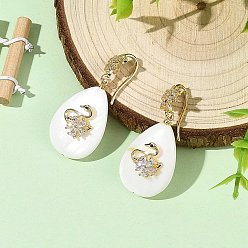 Oro Latón micro allanar cuelga los pendientes de óxido de circonio cúbico, Lágrima con estampado de cisne, pendientes colgantes de conchas naturales de agua dulce para mujer, dorado, 40x18 mm