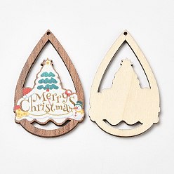 Colorful Single Face Christmas Printed Wood Big Pendants, Teardrop Charms with Christmas Tree, Colorful, 54x34.5x2.5mm, Hole: 1.8mm