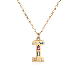 Letter I Ожерелья с подвесками-инициалами из латуни и разноцветными кубическими цирконами для женщин, реальный 18 k позолоченный, Буква "i", 17.72 дюйм (45 см), Кулон : 23x10 мм