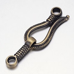 Brushed Antique Bronze Rack Plating Brass Hook and S-Hook Clasps, Nickel Free, Brushed Antique Bronze, 45x14x4mm, Hole: 3.5mm