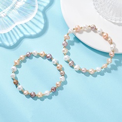 (52) Непрозрачная лаванда Эластичные браслеты для женщин из натурального культивированного пресноводного жемчуга и бусин из нержавеющей стали., самородки, разноцветные, внутренний диаметр: 304 дюйм (1.97~2.17 см)