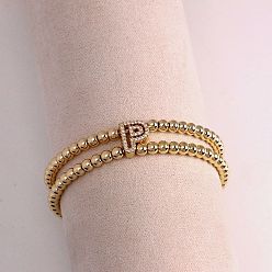 Letter P Браслеты из латуни с микропаве из прозрачных кубических циркониевых бусин, двойные нити, эластичные, для женщин, буква и круг, золотые, Письмо P, 6.69 дюйм (17 см)