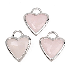 Розовый Кварц Ограненные подвески из натурального розового кварца, Подвески в форме сердца из латуни с драгоценными камнями в оправе, платина, 22x18.5~19x7 мм, отверстие : 5x4 мм