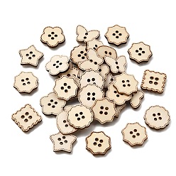 Amande Blanche Boutons en bois 4 trous, formes variées avec bordure cousue, amande blanchie, 15~20x18.5~20x2.5mm, Trou: 2mm