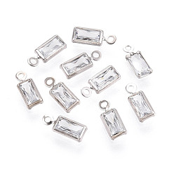 Платина Подвески из латуни с прозрачным фианитом, прямоугольник амулеты, платина, 9x3x1.5 мм, отверстие : 0.9 мм