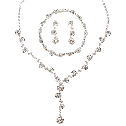 Серебро 1 комплект из ожерелья-лариата со стразами, браслета-цепочки и серег-гвоздиков, комплект украшений из латуни на свадьбу, серебряные, 33 мм, штифты : 0.8 мм, 183 мм, 310 мм