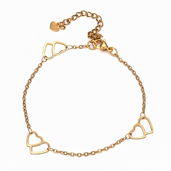 Golden 304 Stainless Steel Cable Chain Anklets, with Double Heart Link and Lobster Claw Clasps, Golden, 9 inch(22.8cm)
