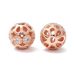 Rose Gold Rack Plating Brass Micro Pave Clear Cubic Zirconia Beads, Long-Lasting Plated, Round with Flower, Rose Gold, 8mm, Hole: 1.4mm