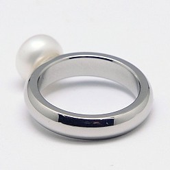 White 316L Surgical Stainless Steel Finger Rings, with Freshwater Pearl Beads, White, 19mm