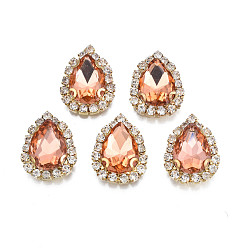 Темный Лосось Шить на горный хрусталь, прозрачное стекло горный хрусталь, с настройками латуни, граненые, слеза, темный лосось, 19x14.5x5.5 мм, отверстие : 1 мм