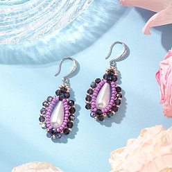 Фиолетовый Серьги-подвески из искусственного акрилового жемчуга и стекла, с  латунными крючками для серег, слеза, платина, фиолетовые, 49x19.5 мм