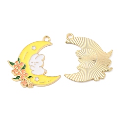 Желтый Подвески из эмали и сплава, без кадмия, без никеля и без свинца, золотые, луна с шармом кролика, желтые, 28.5x28x1.5 мм, отверстие : 2 мм