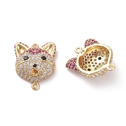 Золотой Латунные микропаве, кубические циркониевые соединители для звеньев котенка, форма головы кошки, пурпурный и чистый, золотые, 18.5x15x7 мм, отверстие : 1.2 мм