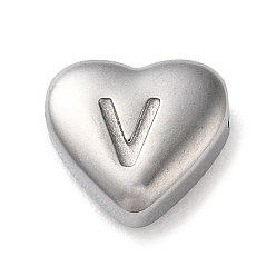Letter V 201 Stainless Steel Beads, Stainless Steel Color, Heart, Letter V, 7x8x3.5mm, Hole: 1.5mm