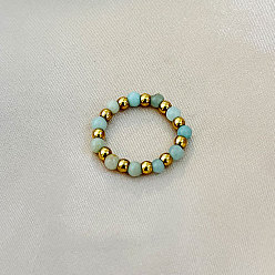 Flower Amazonite 201 Кольца из нержавеющей стали с натуральным цветком амазонита, круглые, эластичные, с бусинами, золотые, внутренний диаметр: 17 мм