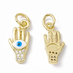 Real 18K Gold Plated Rack Plating Brass Micro Pave Clear Cubic Zirconia Pendants, with Enamel and Jump Ring, Long-Lasting Plated, Cadmium Free & Lead Free, Palm with Evil Eye, Real 18K Gold Plated, 15x7x2.5mm, Jump Ring: 5x1mm, Inner Diameter: 3mm