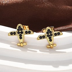 Настоящее золото 18K 304 из нержавеющей стали серьги, со стразами, ионное покрытие (ip), самолет, реальный 18 k позолоченный, 12x14 мм