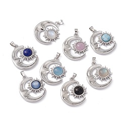 Смешанные камни Природные смешанные подвески драгоценных камней, луна очаровывает солнцем, с платиновой фурнитурой латунного цвета, 26.5~27x23~23.5x6 мм, отверстие : 4x3.5~4 мм