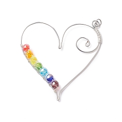 Серебро Гальванические стеклянные бусы большие подвески, с медной ювелирной проволокой, сердце, серебряные, 62x55x5.5 мм, отверстие : 3.4 мм