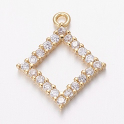 Golden Brass Micro Pave Cubic Zirconia Pendants, Rhombus, Clear, Golden, 16x14x2mm, Hole: 1mm