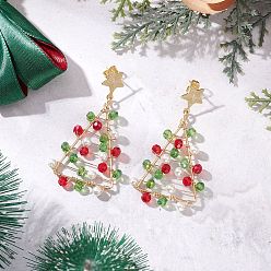 Золотой Рождественские елки стеклянные бусины серьги-гвоздики, с имитацией жемчужины из ракушки, с 201 серьгами из нержавеющей стали, золотые, 54x31 мм