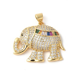 Настоящее золото 18K Латунные микро-паве красочные кубические циркониевые подвески, без кадмия и без свинца, слон, реальный 18 k позолоченный, 22x26x6.5 мм, отверстие : 3.5x4 мм