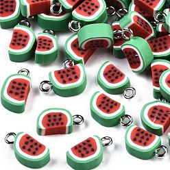Lime Vert Breloques en pâte polymère faites main, avec les accessoires en fer de platine, pastèque, vert citron & rouge, 14~16x8x4.5mm, Trou: 1.8mm