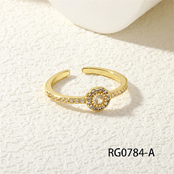 Плоский Круглый Латунные кольца-манжеты с микропаве из прозрачных кубических цирконий, золотые, плоско-круглые, внутренний диаметр: регулируемый