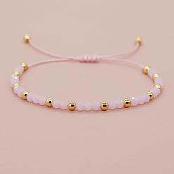 Pink Браслеты из плетеных бусин из круглых стеклянных и латунных бусин, регулируемые плетеные браслеты из волоконного шнура для женщин, золотые, розовые