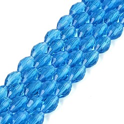 Deep Sky Blue Transparent Glass Beads Strands, Rice, Faceted, Deep Sky Blue, 8~9x5~6mm, Hole: 0.9~1mm, about 67~68pcs/strand, 22.83~23.62 inch(58~60cm)