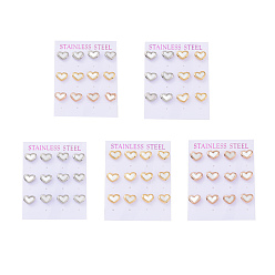 Mixed Color Heart 304 Stainless Steel Shell Stud Earrings, with Ear Nut, Mixed Color, 9x11mm, Pin: 0.8mm, 6 pairs/card