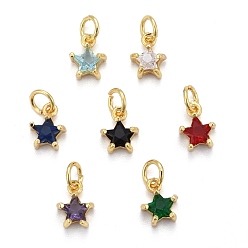 Mixed Color Brass Micro Pave Cubic Zirconia Pendants, Long-Lasting Plated, with Jump Rings, Real 18K Gold Plated, Star, Mixed Color, 8.5x7x4mm, Hole: 3mm