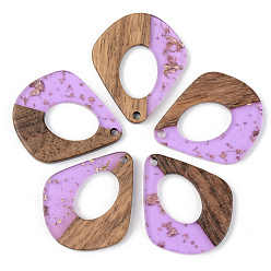 Lilac Transparent Resin & Walnut Wood Pendants, with Gold Foil, Teardrop, Lilac, 32.5x27.5x3mm, Hole: 2mm